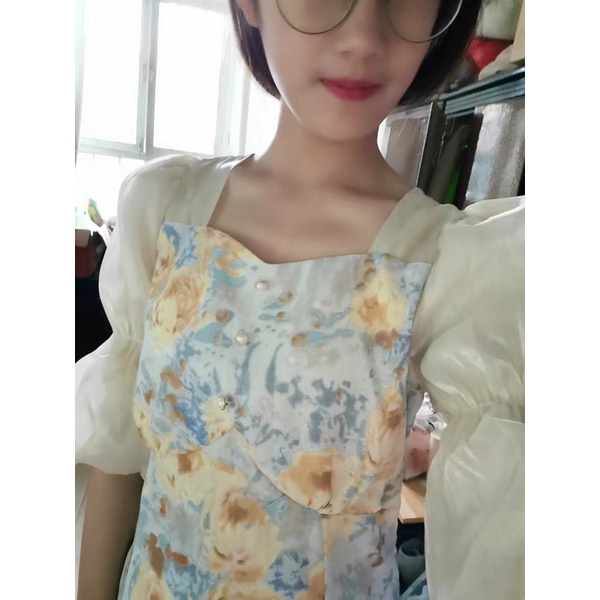 Đầm chiffon nữ in hoa tay bồng nhún nhẹ nhàng M50 | BigBuy360 - bigbuy360.vn