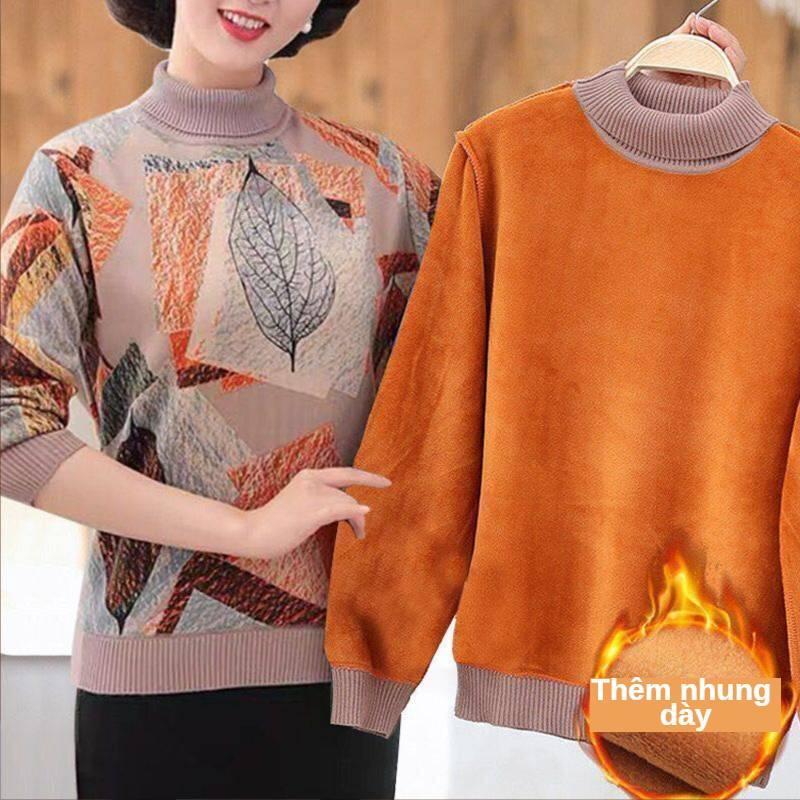 Áo thun tay dài lót nhung dày dặn giữ ấm mùa đông cho phụ nữ trung niên