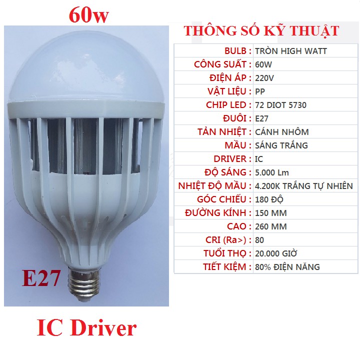 Bóng đèn LED 24w, 36w, 48w, 50w, 60w đui E27, sáng trắng, dạng trụ, 4U hoặc UFO vỏ nhôm vàng