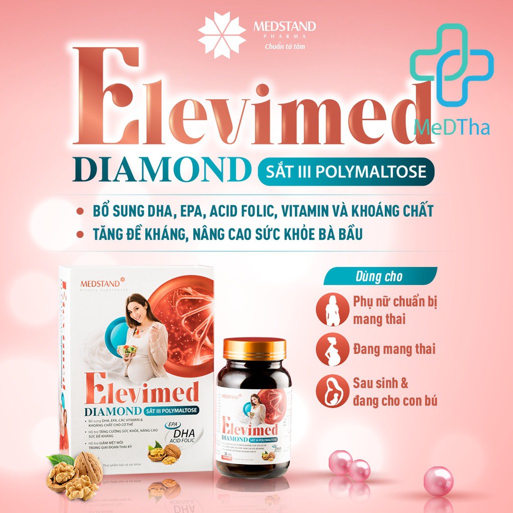 Vitamin tổng hợp cho bà bầu ELEVIMED DIAMOND MEDSTAND - Bổ sung DHA, Acid folic, vitamin và khoáng chất [Chính hãng]