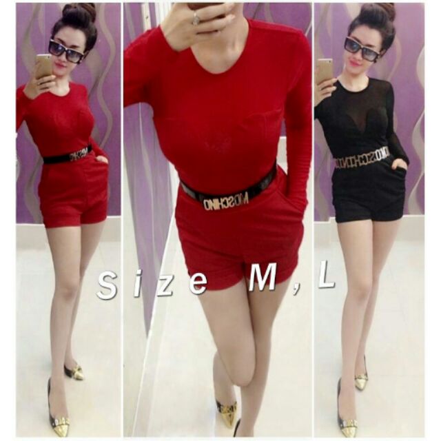 Jum short body tay dài phối lưới kèm belt đồng