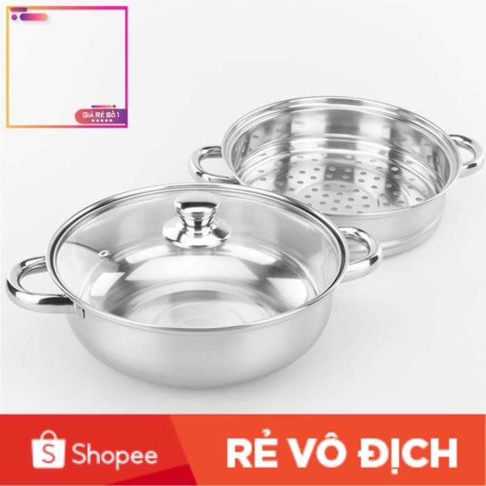 [Giảm 50%]  Bộ xửng hấp inox 28cm - nồi hấp đa năng 2 tầng cao cấp nắp kính