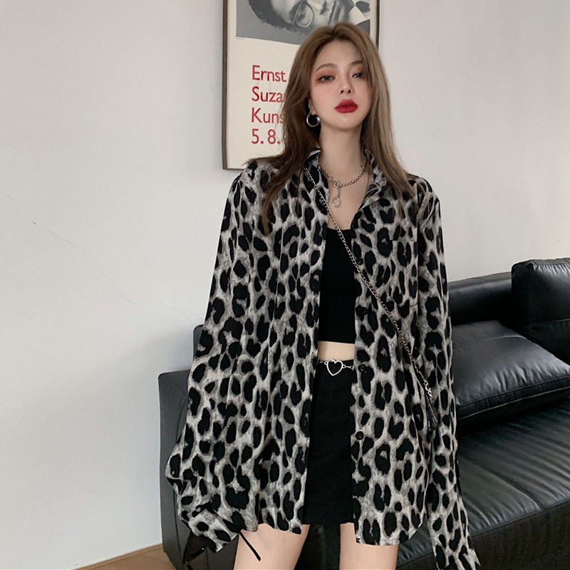 Mùa xuân và mùa thu dài tay áo sơ mi da báo rời của phụ nữ mới năm 2021 Hồng Kông phong cách retro trong thiết kế hoang