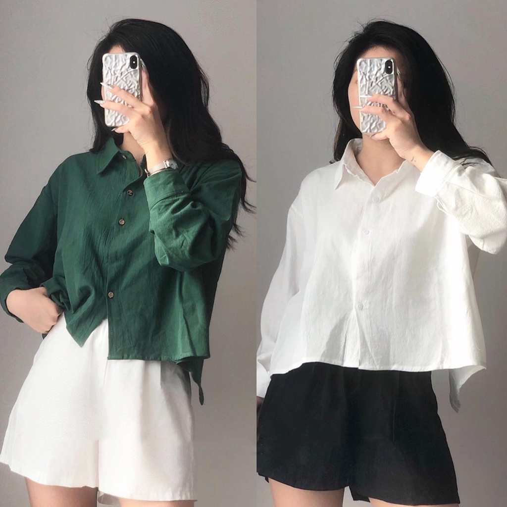 Áo sơ mi Hàn Quốc, Áo sơ mi trơn chất đũi lửng xẻ sau Ulzzang