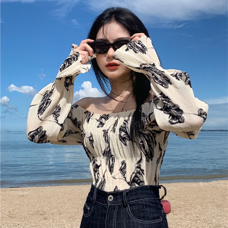 Áo Kiểu Trễ Vai Dáng Ngắn In Họa Tiết Thời Trang Mùa Thu Quyến Rũ Cho Nữ
