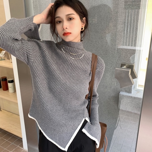 Áo sweater ZHELIHANGFEI vải dệt kim cổ lọ thiết kế độc đáo phong cách phương Tây