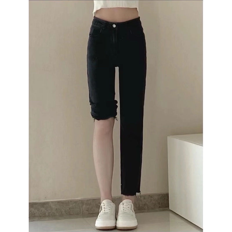 Quần Jeans Ống Đứng 9 Tấc Màu Đen Cạp Cao Phong Cách Ulzzang Mặc Hàng Ngày Đi Học Đi Làm Đi Chơi Năng Động Hách Dáng