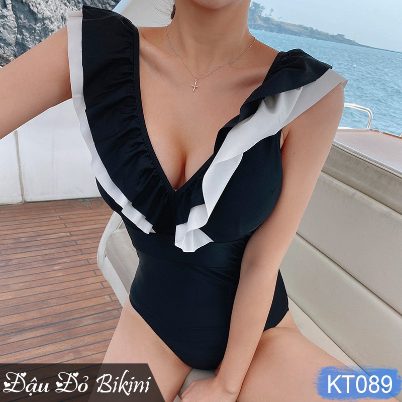 Áo tắm liền thân đen sexy quyến rũ, cổ bèo chữ V nâng đẩy tôn vòng một, phong cách sang chảnh, mẫu mới nhất 2021 | KT089