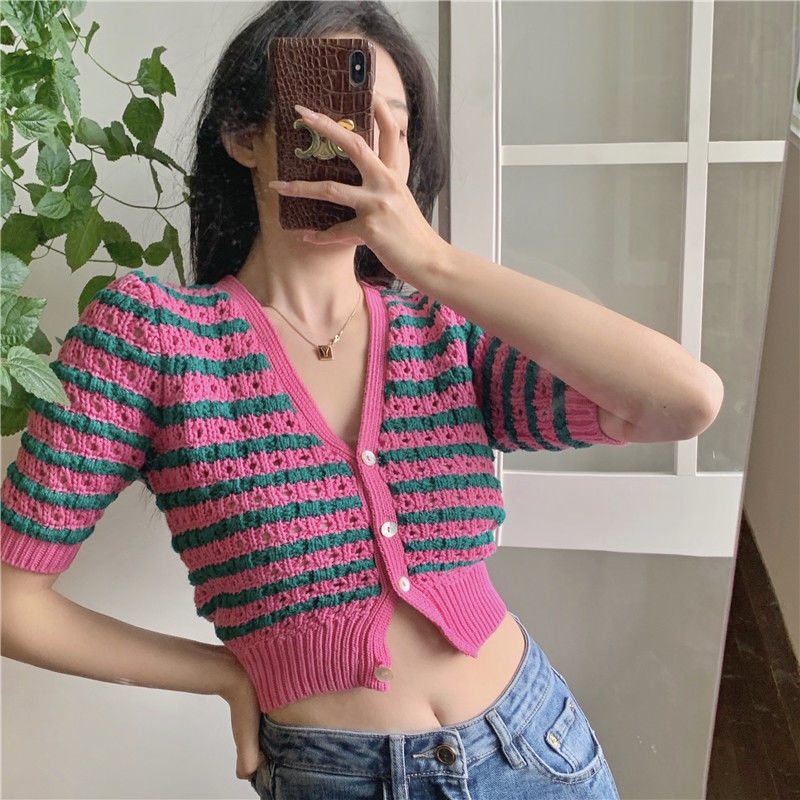 Áo khoác cardigan bằng vải dệt kim dáng rộng rãi họa tiết kẻ sọc màu hồng ngọt ngào cho nữ
