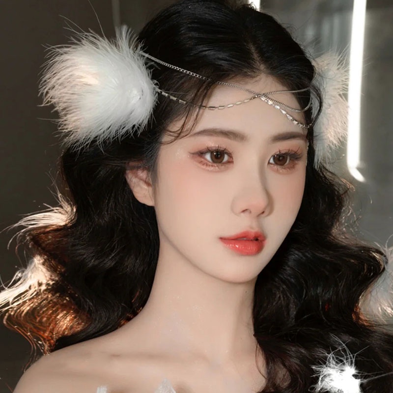 Phụ kiện đeo đầu trang trí đính lông vũ trắng thời trang cho cô dâu