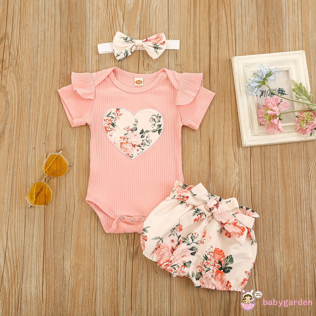 Áo liền quần tay ngắn diềm xếp nếp + quần short in hoa + băng đô phong cách mùa hè đáng yêu dành cho bé gái