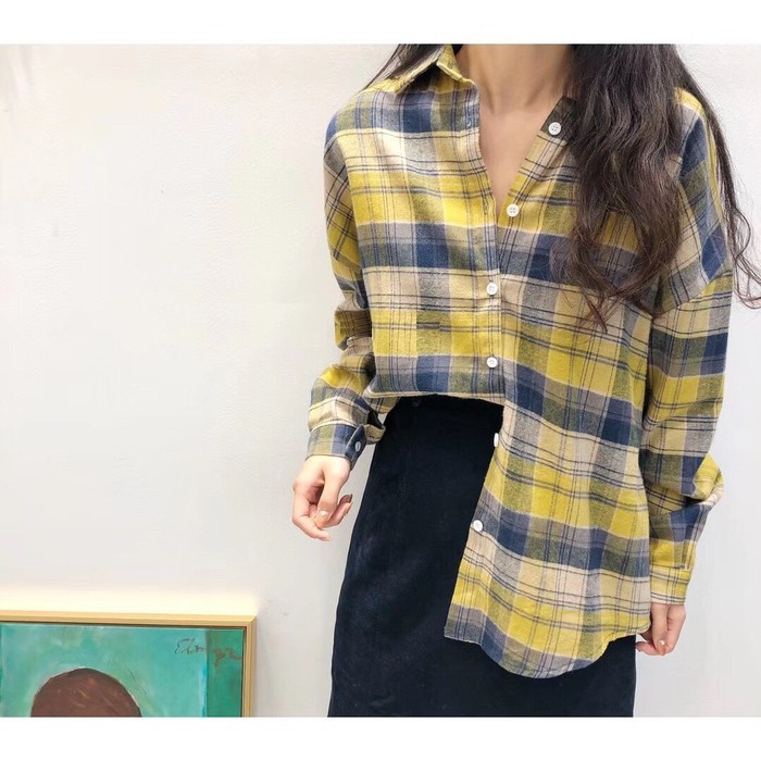 Sơ mi nữ ulzzang kẻ caro chất đũi, Áo sơ mi khoác ngoài form rộng kẻ màu xinh xắn,trẻ trung Sm128