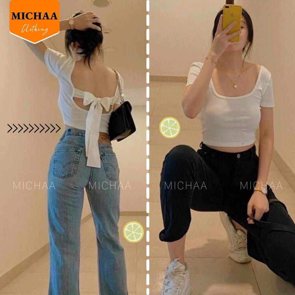Áo Croptop BUỘC NƠ LƯNG Cổ Vuông Nữ Thun Gân Kiểu Ôm Body Sexy Đẹp 2 Màu - MICHAA