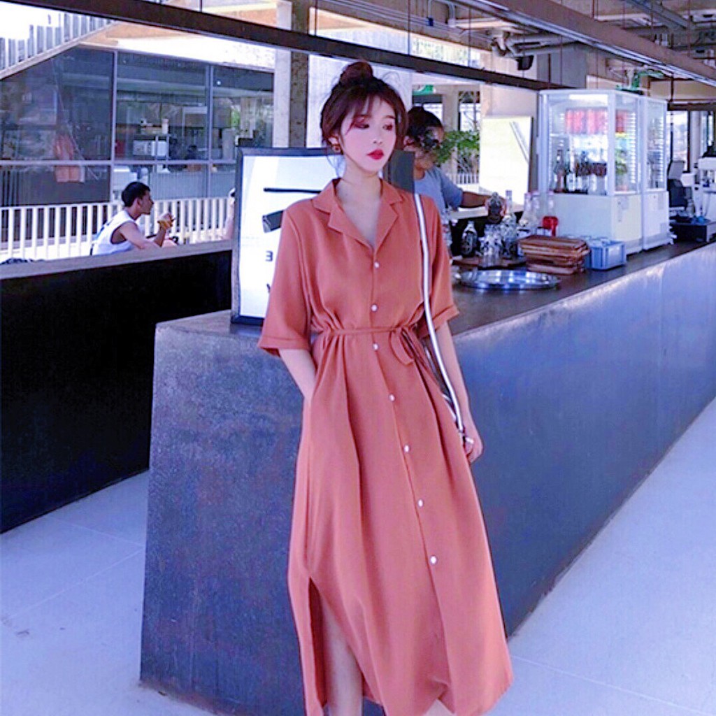 DX591 - Đầm Sơ Mi Dáng Dài Cổ Vest Cột Eo Hồng Ruốc