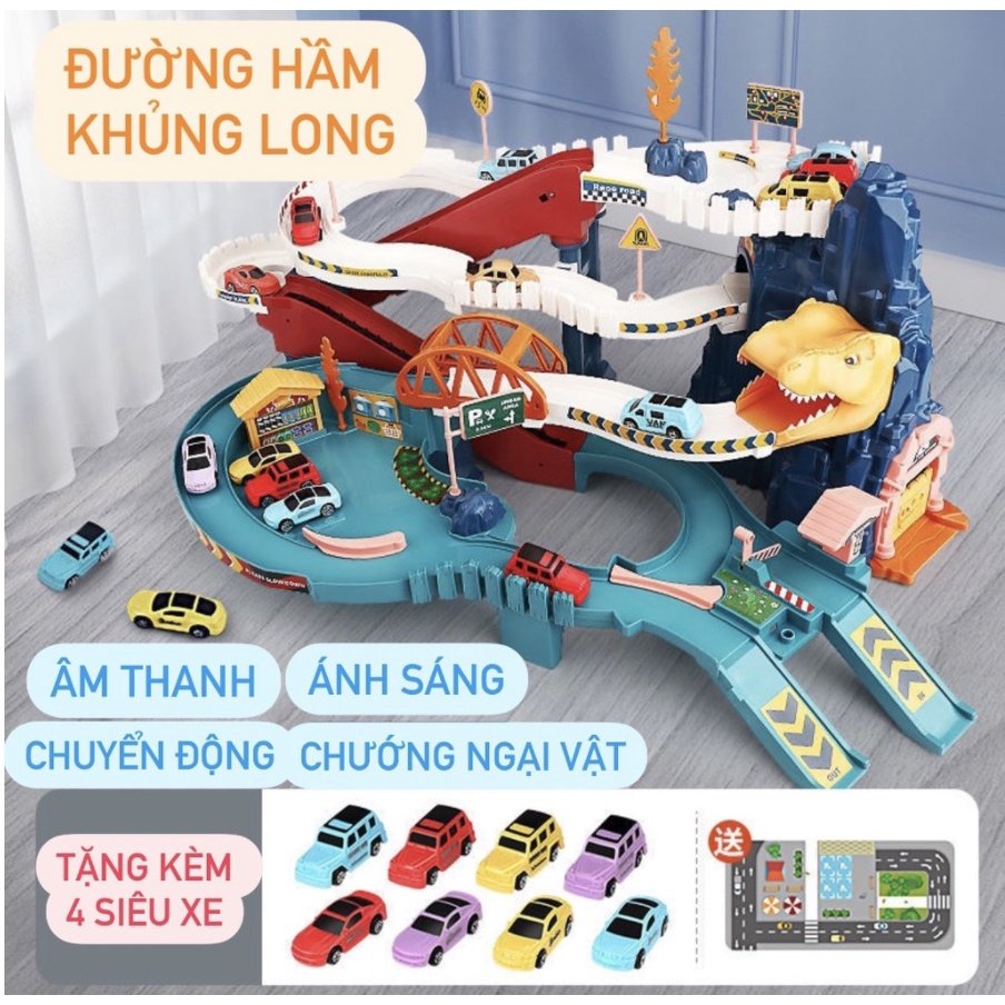 Đồ chơi đường đua xe hầm khủng long chạy pin có nhạc và kèm 4 ô tô.