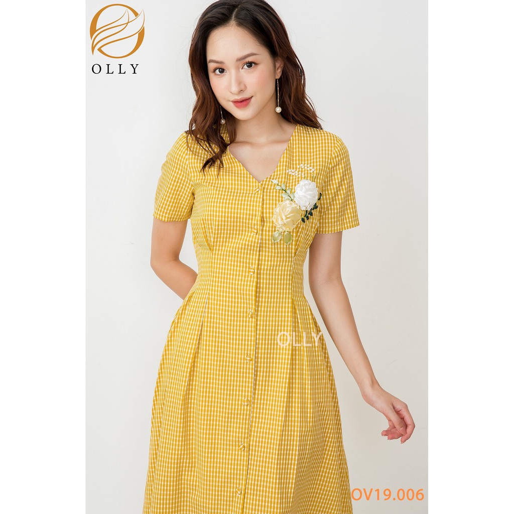 Đầm Caro Thêu Hoa, Dáng Váy Xòe Nữ Tính, Chất Đũi Thoáng Mát Cao Cấp Mã OLLY_OV19.006 | BigBuy360 - bigbuy360.vn