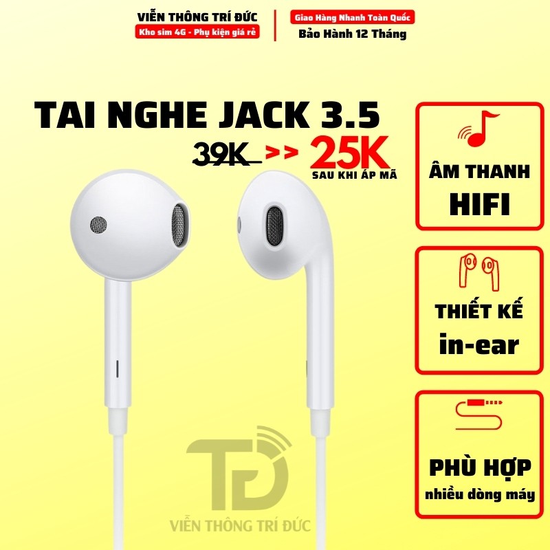 Tai Nghe Nhét Tai cho iPhone/Samsung Có Mic - Jack 3.5mm, Dây Đàn Hồi Cao, Âm Thanh Bass-Treble Hay- Giá Rẻ