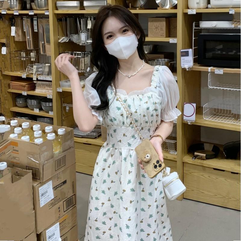 Đầm Tay Ngắn Phồng Cổ Vuông In Họa Tiết Hoa Phong Cách Pháp Thời Trang Mùa Hè Mới Cho Nữ