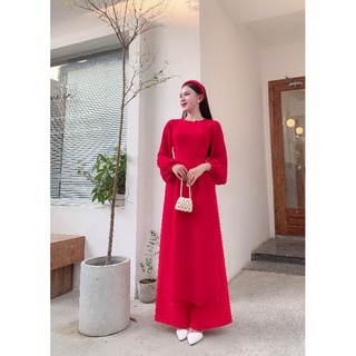 Áo dài đỏ 2 tà phối tay
