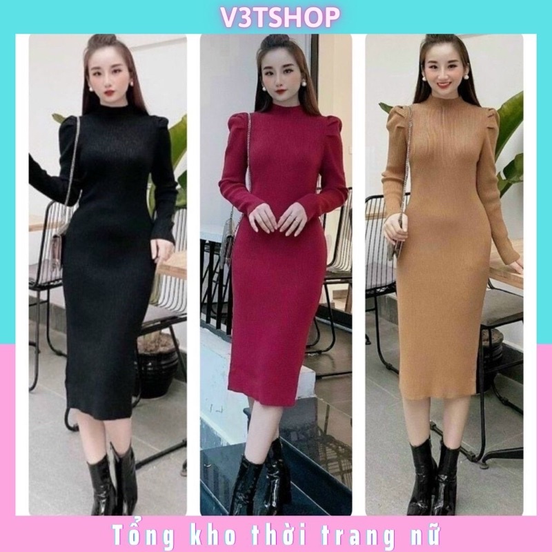 Váy len body cổ 3p tay bồng hàng Quảng Châu loại 1 dài, váy len body dài 102cm ( ảnh +video độc quyền)
