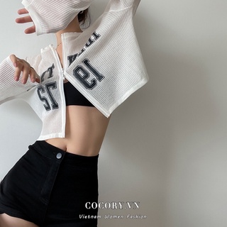 Cocorygirl Áo croptop dệt kim dài tay màu đen độc đáo thời trang cho nữ