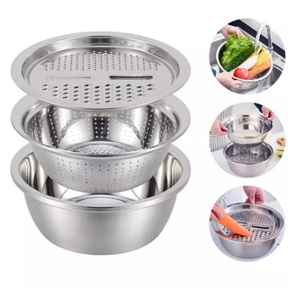 Bộ 3 món thau rổ nạo rau củ inox 26cm, bào hoa quả- nạo rau củ,bộ nạo rau quả đa năng