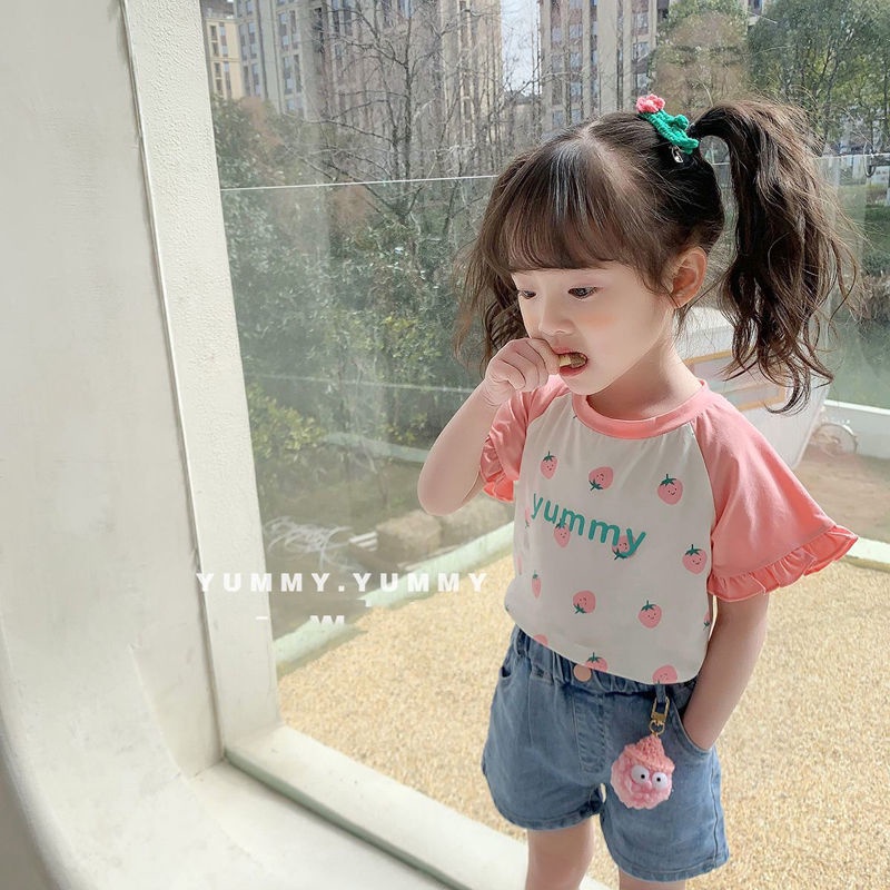 Áo Thun Tay Ngắn Phong Cách Công Chúa Hàn Quốc Nhật Bản Hàn Quốc Họa Tiết Dâu Tây Dễ Thương Cho Bé Gái