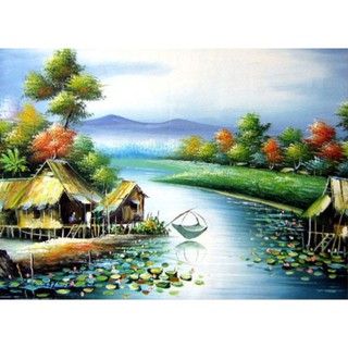 Tranh đính đá toàn bộ, tranh phong cảnh làng quê (tranh đá tự đính)