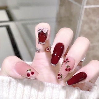 Bộ 24 móng tay giả màu đỏ cherry thời trang cho nữ