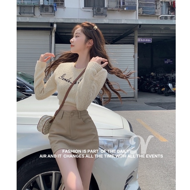 Set Áo Len Tay Dài + Áo Thun Cộc Tay In Chữ Thời Trang Nữ