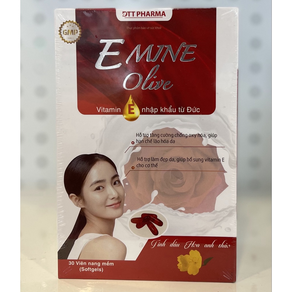 Viên uống Emine Olive  Vitamin E tinh dầu hoa anh thảo trắng da, chống oxy hóa, lão hóa da hộp 30 viên
