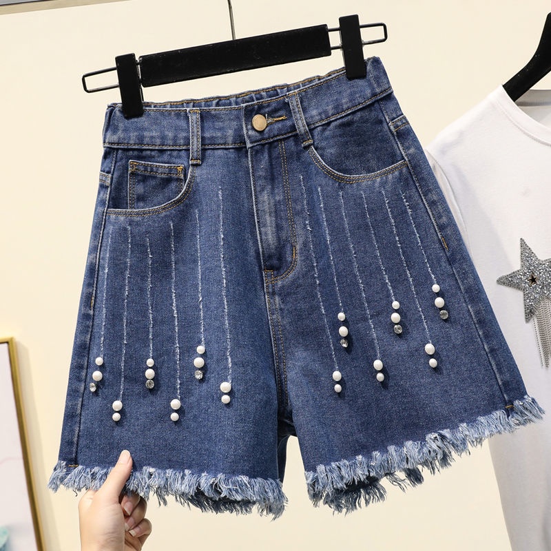 Quần short denim ống rộng lưng thun co giãn đính hạt cườm size lớn mẫu mới năm 2021 dành cho nữ