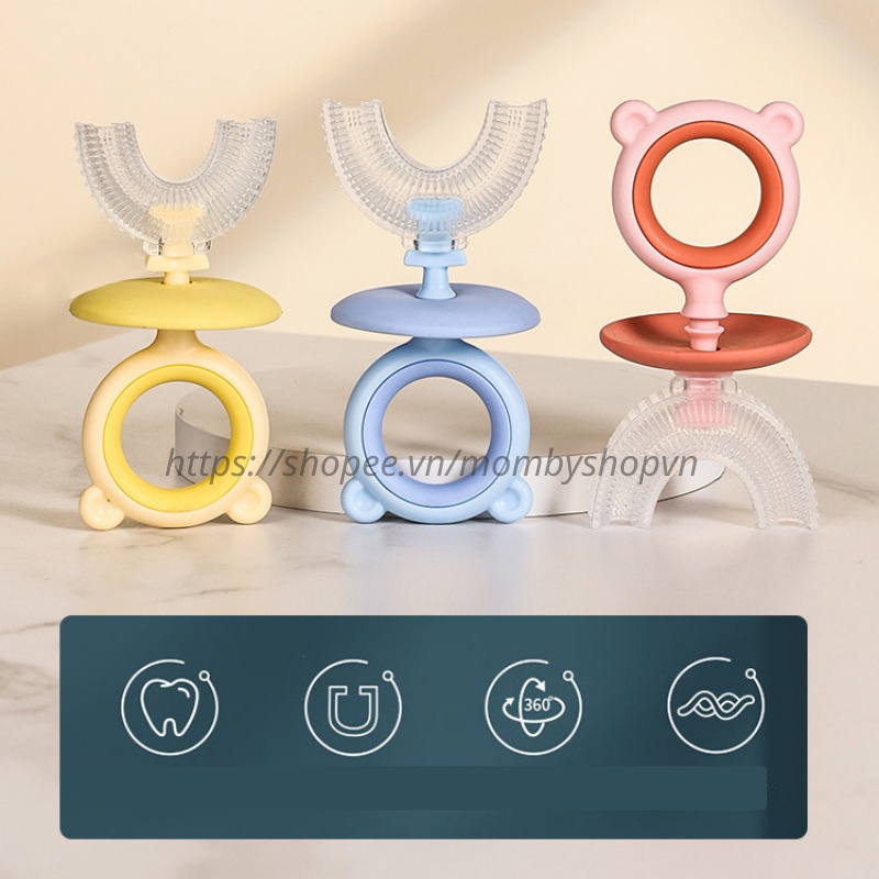Bàn chải đánh răng chữ u cho bé Teddy kèm cốc, bàn chải đánh răng silicon cho bé từ 2 - 7 tuổi