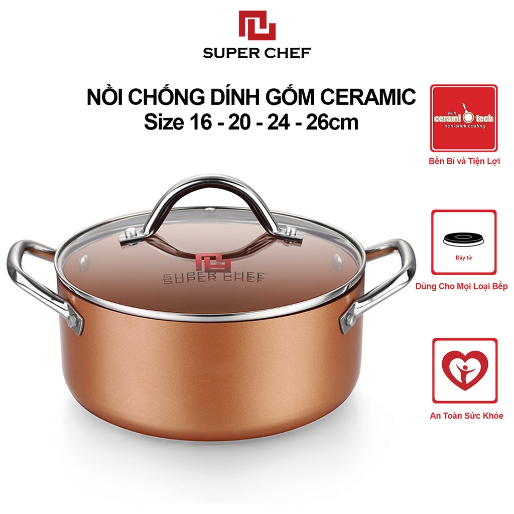 Nồi Canh Chống Dính Super Chef Cho Bếp Từ, Mọi Loại Bếp Kèm Nắp Kính Tiện Lợi