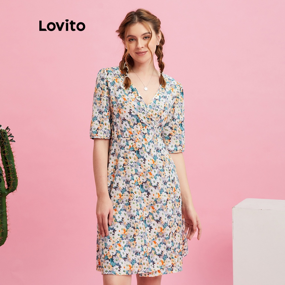  Đầm Lovito tay phồng cổ chữ V in hoa dễ thương thời trang cho nữ L10178 (Màu be) | BigBuy360 - bigbuy360.vn