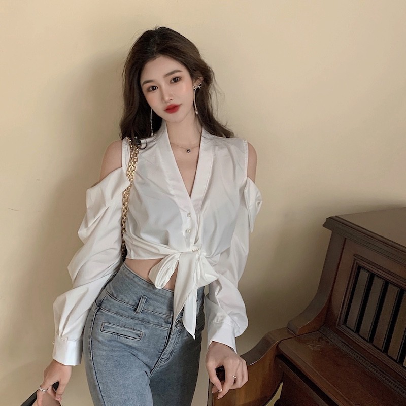 Áo sơ mi tay dài trễ vai khoét lỗ croptop cột dây eo cổ V ulzzang ( 2 màu )