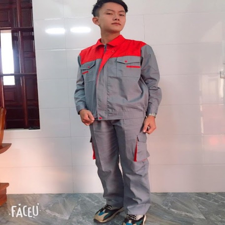 Bộ quần áo bảo hộ lao động xám phối đỏ