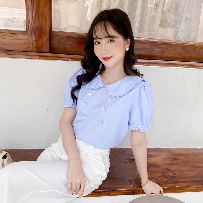 Áo sơ mi nữ sọc caro tay ngắn phối cúc cách điệu thiết kế Charme 6022