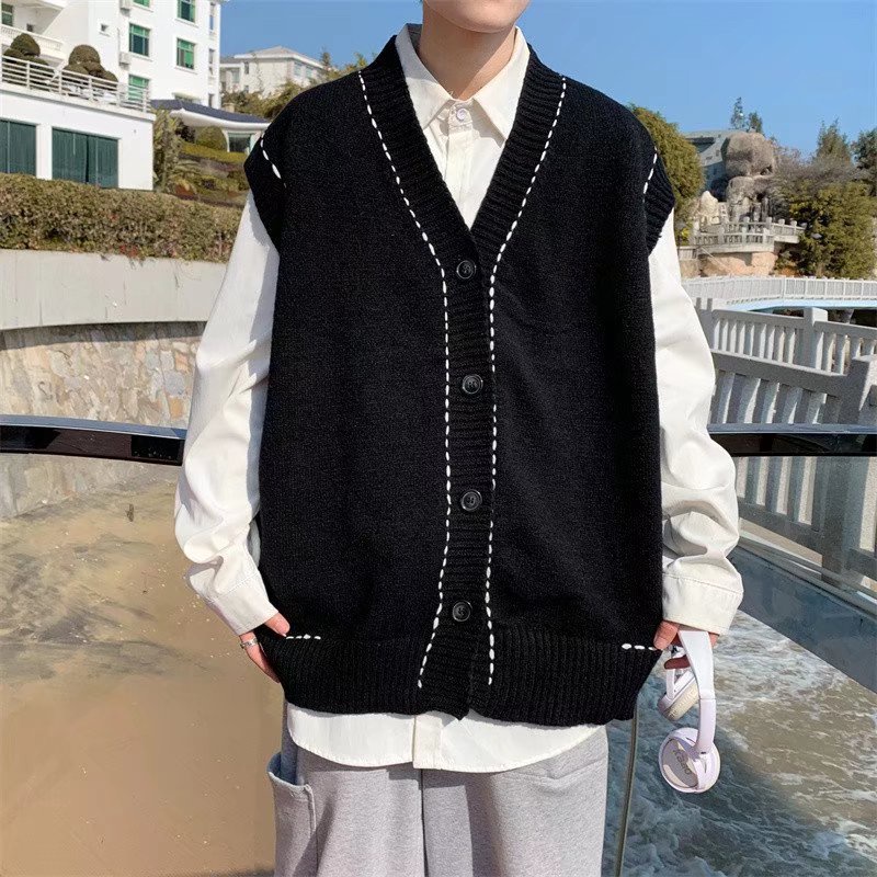 Áo Khoác Len Cardigan Sát Nách Màu Đen Kiểu Retro Nhật Bản Cá Tính Cho Nam