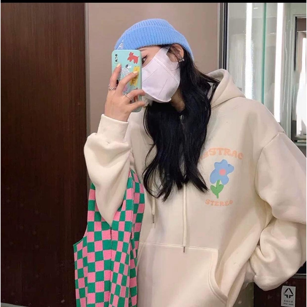 Áo Hoodie Hoa Stereo PEONYB Nữ [FREESHIP] Nỉ form rộng tay bồng màu trắng bánh bèo cute oversize kiểu dáng hàn quốc