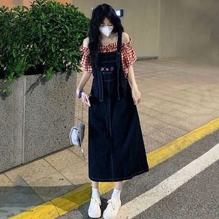 Denim strap dress college style dress