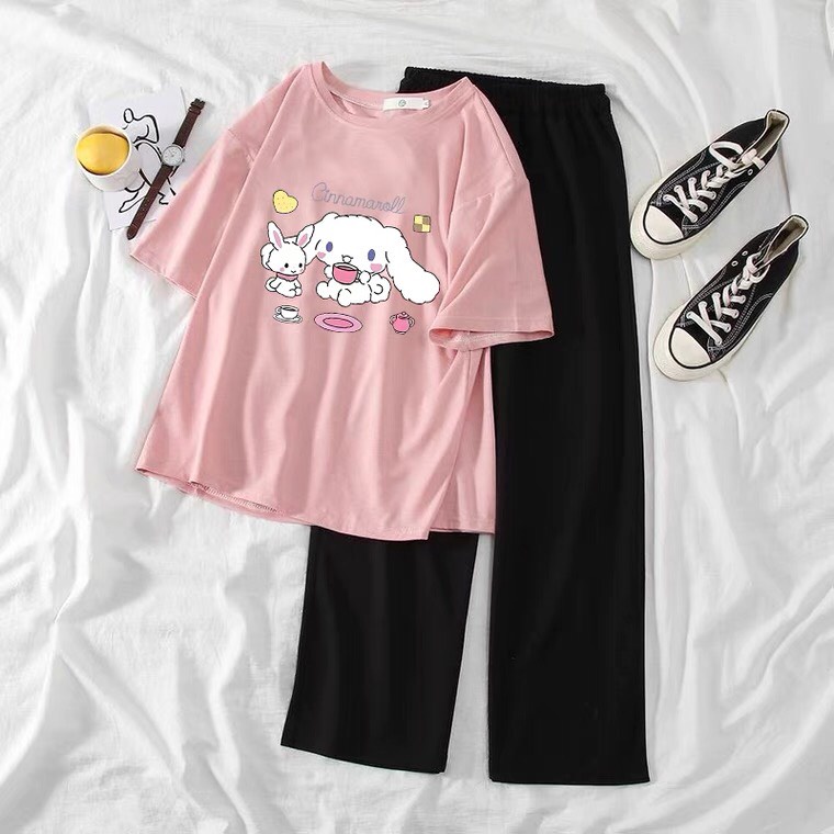 Sét áo Thỏ cinna + quần suông đen, Áo thun from rộng, Chất đẹp không xù, quần suông ống rộng, Sét bộ mặc ở nhà - MODY