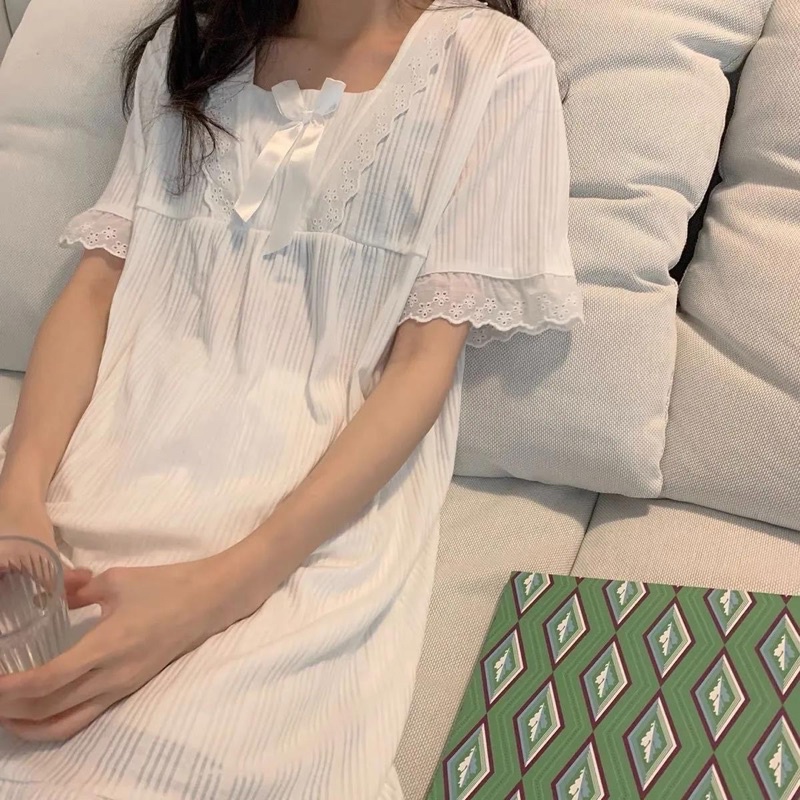 Váy ngủ nữ lưới nơ đỏ mùa hè phiên bản hàn quốc rời học sinh dễ thương ngọt ngào váy dài tay ngắn mặc nhà