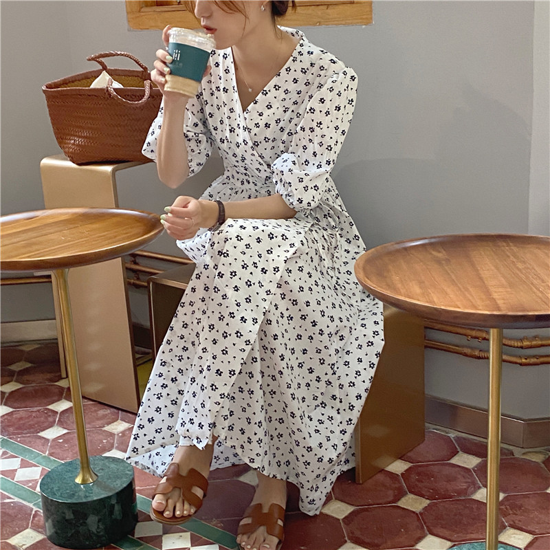 Đầm Maxi 35109 Cổ Chữ V Tay Phồng In Hoa Xinh Xắn Hợp Thời Trang