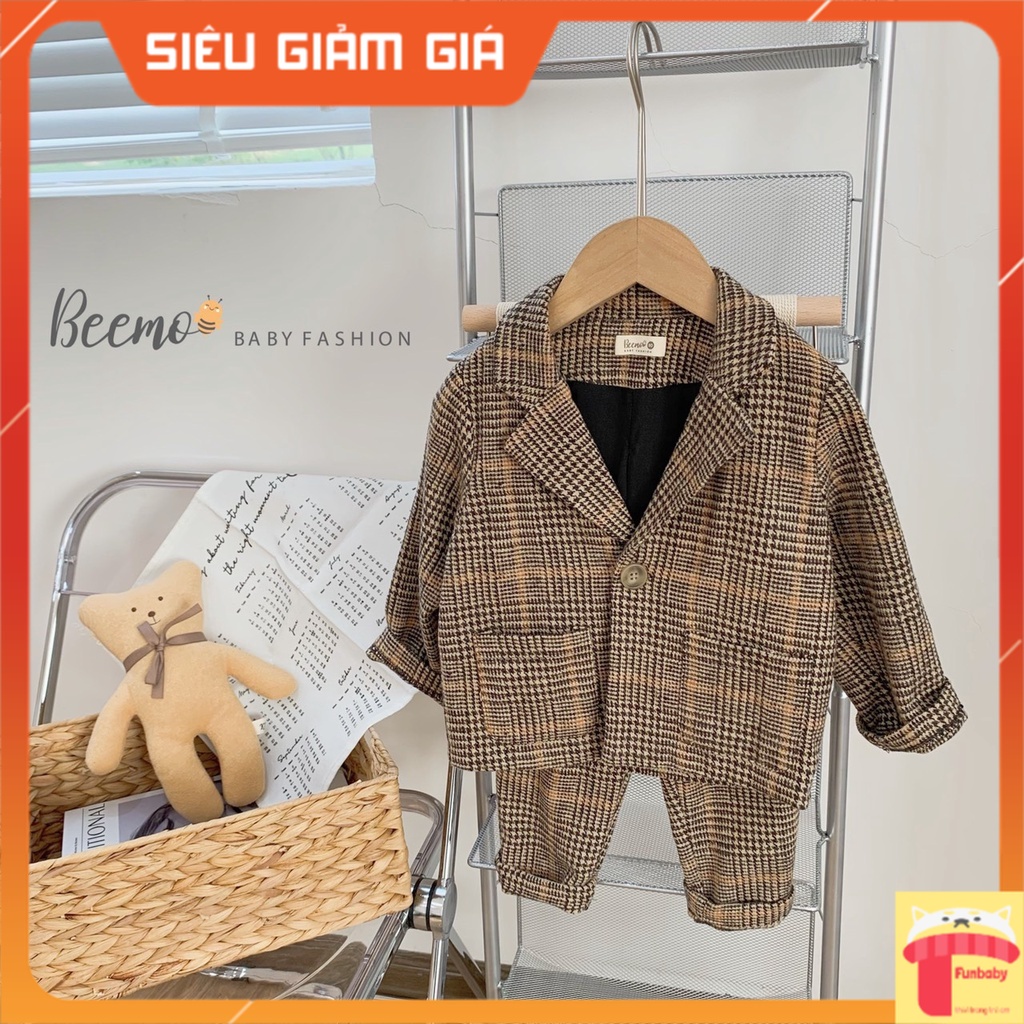 Bộ vest cho bé 1-7 tuổi vải dạ họa tiết kẻ, Bộ comle bé trai hàng thiết kế cao cấp