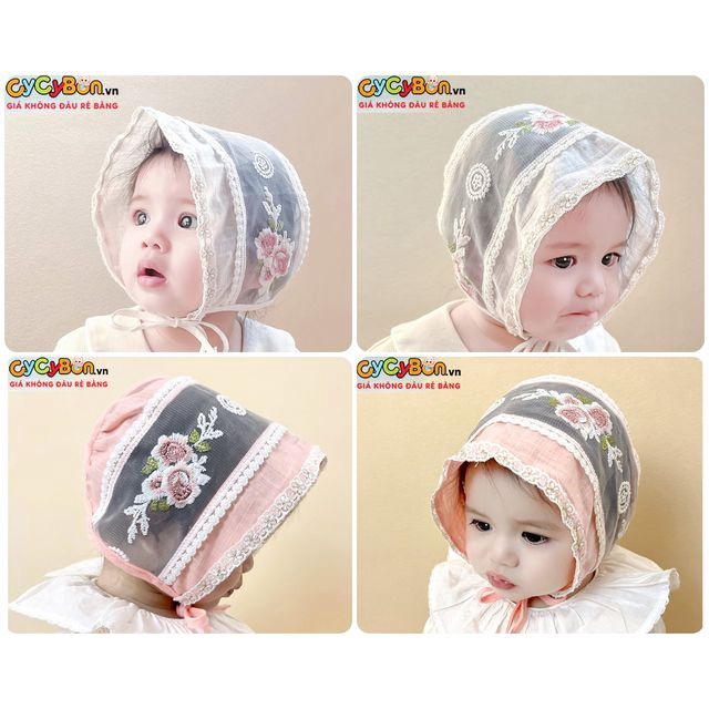 Mũ Nón Tiểu Thư Cho Bé Gái Phối Ren Đính Hoa Hồng Thêu Có Dây Cột Giữ Nón Size Cho Bé Từ 3 Tháng - 12 Tháng Siêu Xinh !