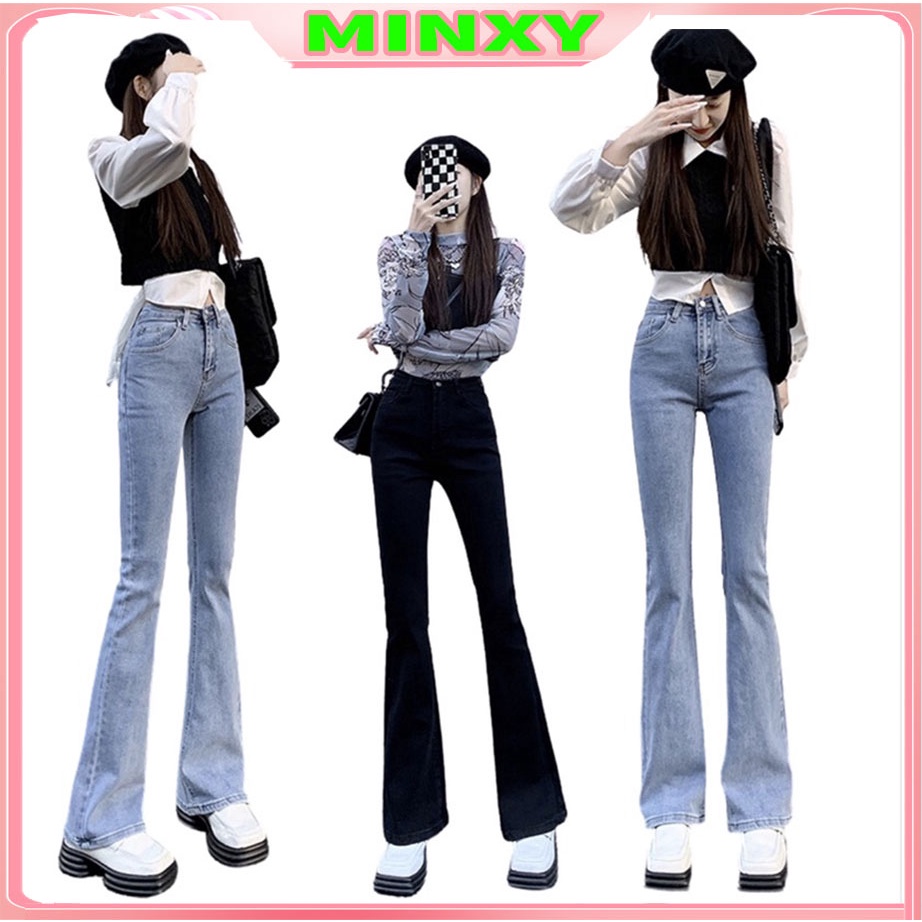 Quần jean nữ ống loe lưng cao dáng ôm skinny Minxy quần bò nữ cạp cao ống đứng loe ống nhẹ | WebRaoVat - webraovat.net.vn