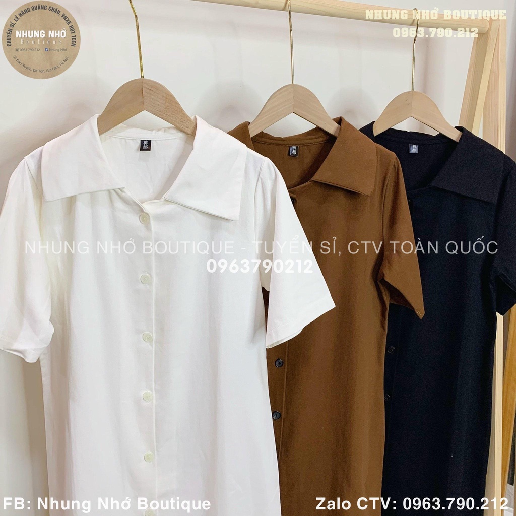 Váy sơ mi  thô 1789 dáng xuông trơn tay lỡ / Đầm sơ mi dáng vừa Nhung Nhớ A1151N