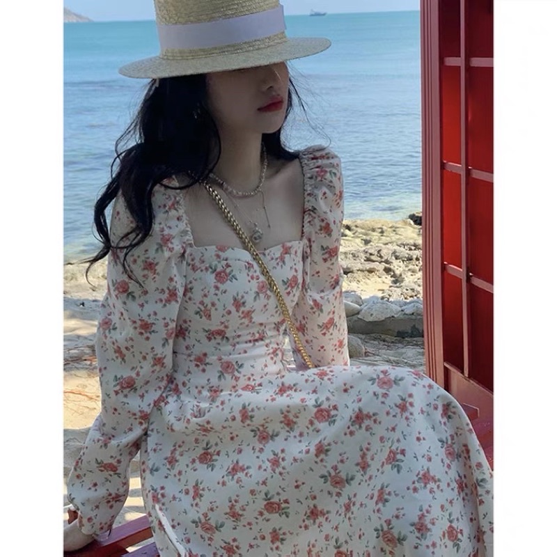 Váy hoa nhí trễ vai dáng xòe, hoa vintage, Váy hoa vintage cổ vuông