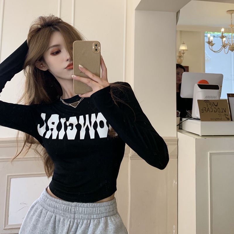 Áo Thun Đen Tay Dài Dáng Ôm In Họa Tiết Thời Trang Quyến Rũ Cho Nữ